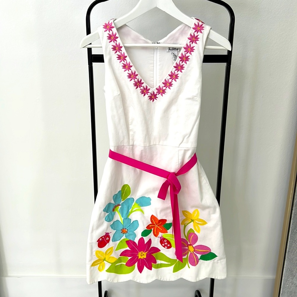 Lilly Pulitzer White Midi Dress with Pink Belt & Multicolor Floral Appliqué